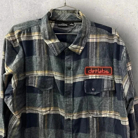 Burnside Shirt Men's Large Blue Plaid Flannel Button Front Patch dirtlabs Adult - Picture 3 of 16